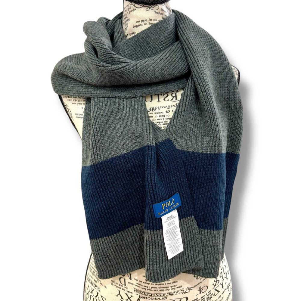 Ralph Lauren Gray Blue Ribbed Knit Rectangle Scarf Pony Logo Preppy Classic